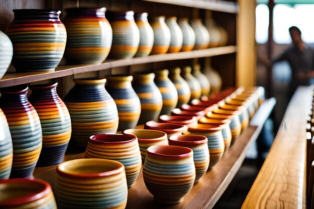 se muestra un estante lleno de cerámica colorida junto con otra cerámica.