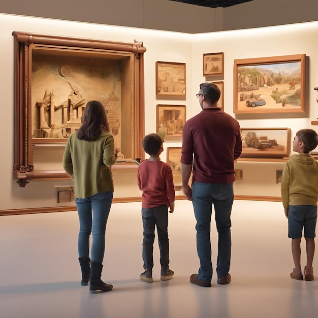 Foto muestra a una familia explorando un museo local junto con los niños maravillados por las exposiciones y los padres