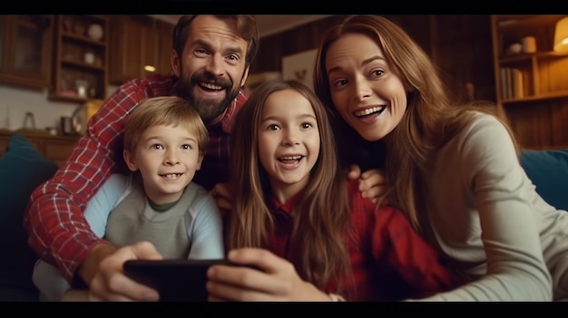 Foto se muestra una familia en una sala de estar con una tableta.