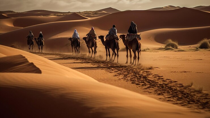 Se muestra una fila de camellos en un desierto roadgenerative ai
