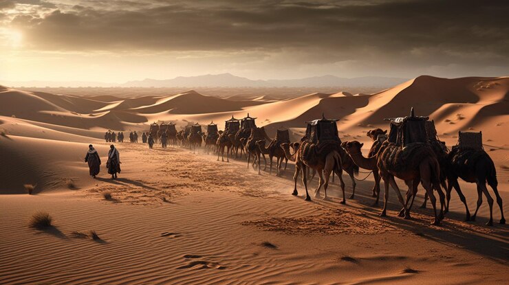 Se muestra una fila de camellos en un desierto roadgenerative ai