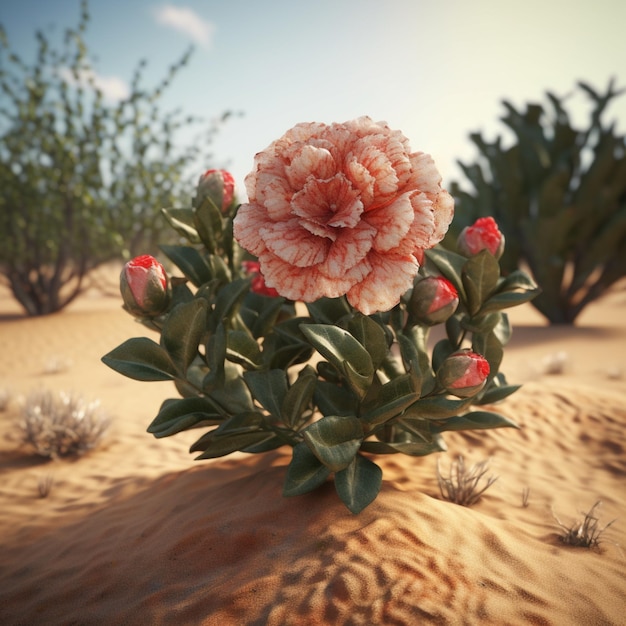 Se muestra una flor en el desierto con un cielo azul de fondo.