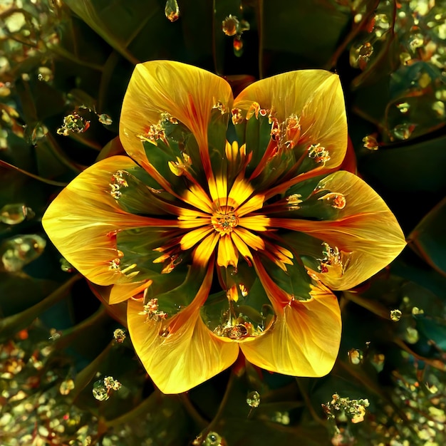 Se muestra una flor con gotas de agua.