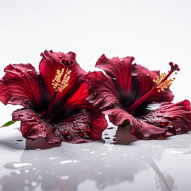 Se muestra una flor de hibisco rojo con la palabra hibisco en ella