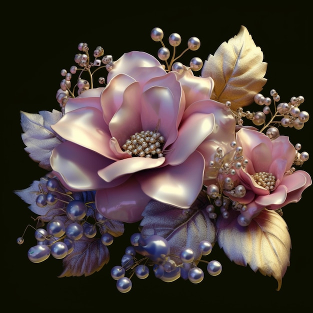 Se muestra una flor rosa y dorada con perlas y perlas.