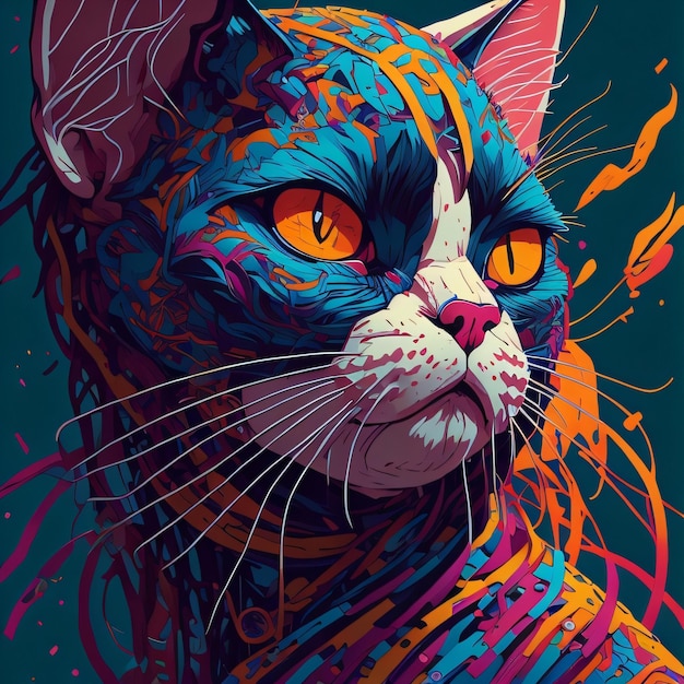 Se muestra un gato colorido con ojos naranjas.