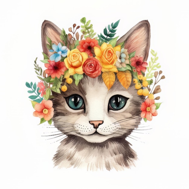 Se muestra un gato con una corona de flores.