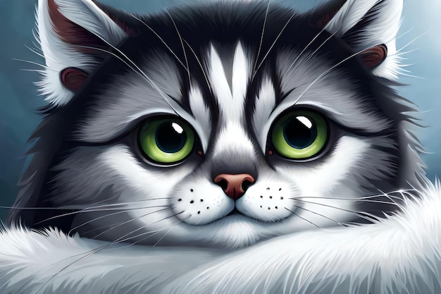 Se muestra un gato con ojos verdes sobre un fondo azul.