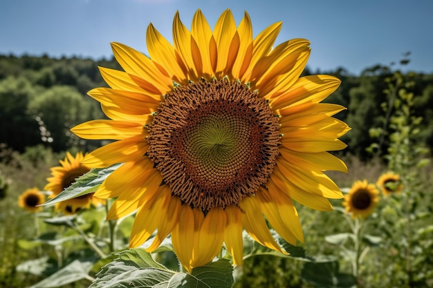 Se muestra un girasol en un campo con el sol en el centro.