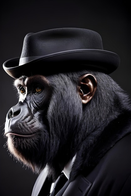 Se muestra un gorila con traje y sombrero.