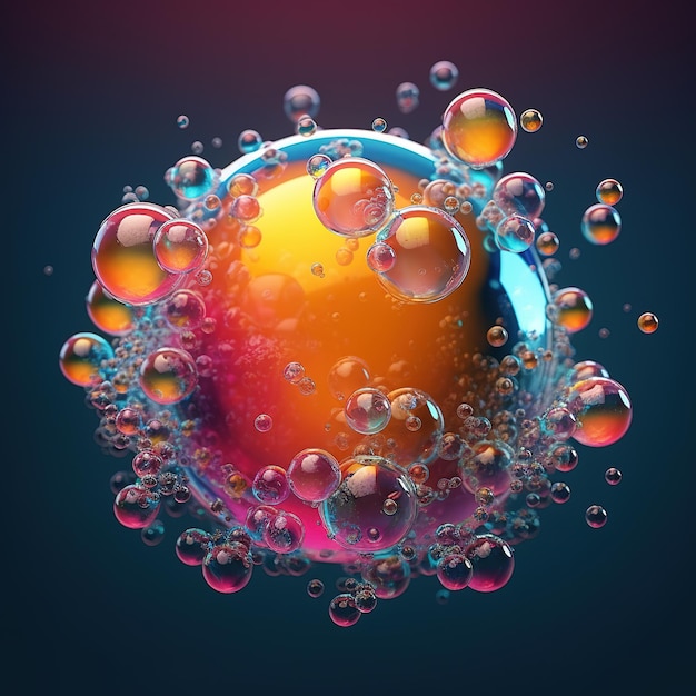 Se muestra una gota de agua de colores con burbujas en el medio.