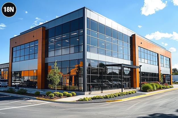 Foto se muestra un gran edificio de oficinas con un exterior naranja