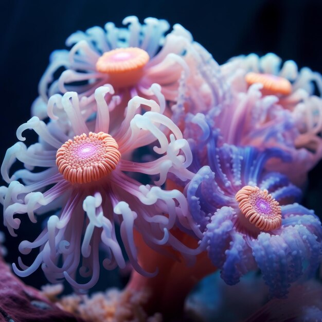 Foto se muestra un grupo de algas moradas y rosadas