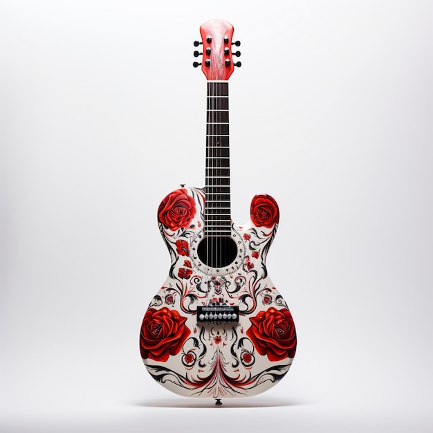 se muestra una guitarra roja con rosas.