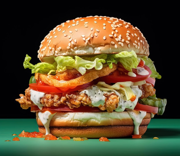 se muestra una hamburguesa de pollo con tomates lechuga