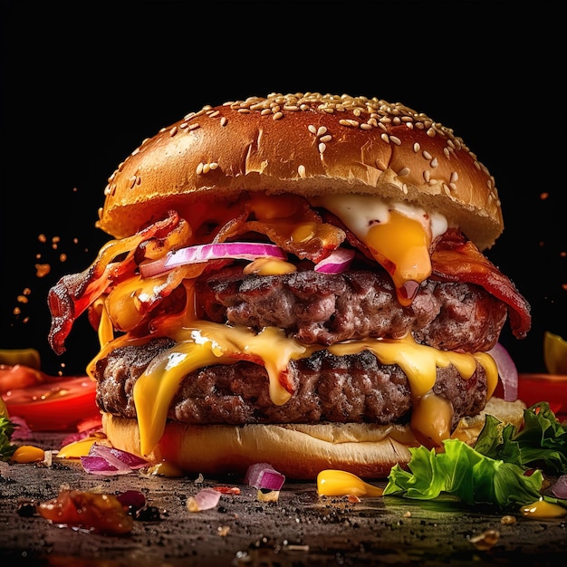 Se muestra una hamburguesa con queso y cebolla.
