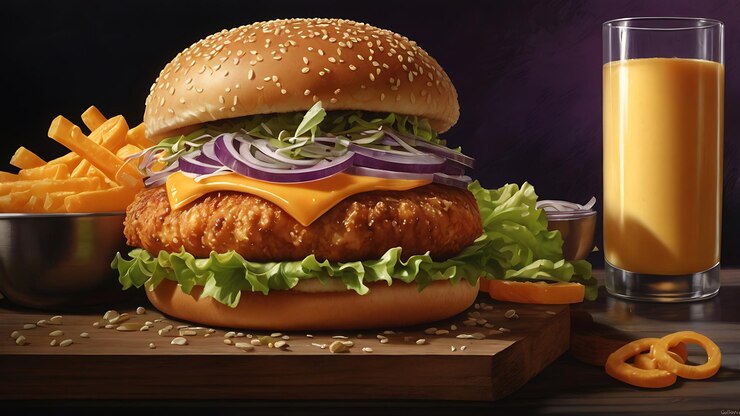 se muestra una hamburguesa con queso y cebollas