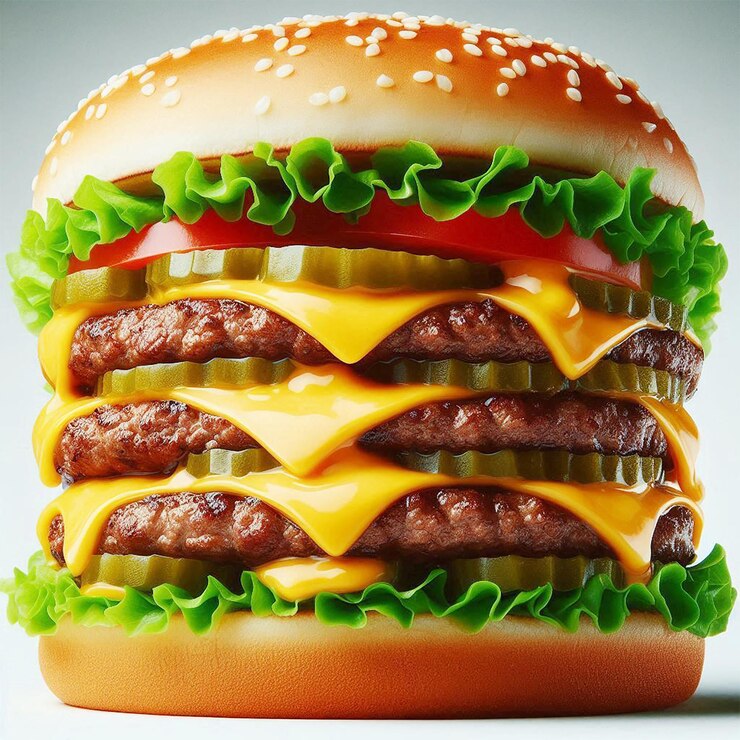 se muestra una hamburguesa con queso y tomate