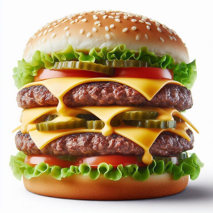 se muestra una hamburguesa con queso y tomates