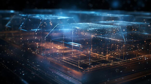 Muestra holográfica de lenguaje de codificación avanzado flotando contra un telón de fondo de espacio profundo y estrellas