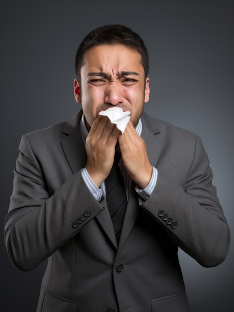 Se muestra a un hombre mexicano sufriendo de frío con secreción nasal en un fondo gris