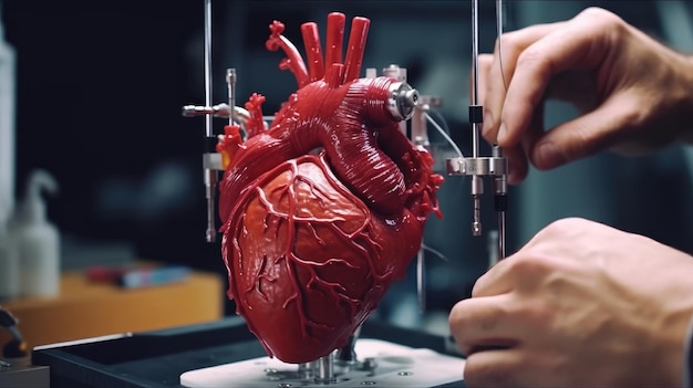 Se muestra una impresora produciendo un corazón humano potencialmente mediante el uso de tecnología de impresión 3D u otras técnicas médicas avanzadas generadas por IA