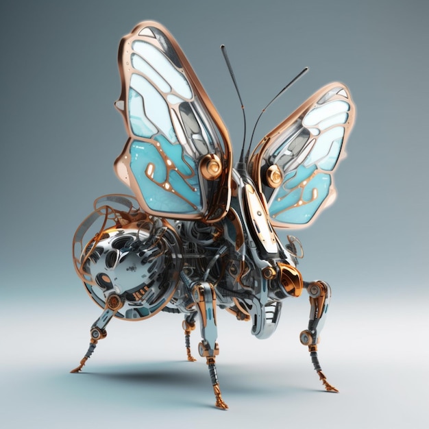 Se muestra un insecto robot con una mariposa en sus alas.