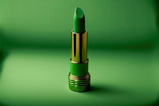 Muestra de lápiz labial verde de cosméticos de color inusual sobre fondo verde