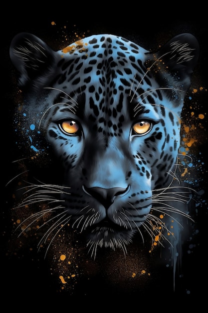 Se muestra un leopardo azul con ojos amarillos sobre un fondo negro.