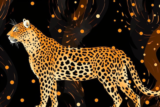 Foto se muestra un leopardo sobre un fondo negro con puntos naranjas.