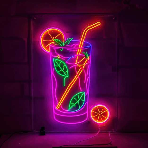 Foto se muestra un letrero de neón con una bebida de cóctel mojito y una señal de luz eléctrica brillante.