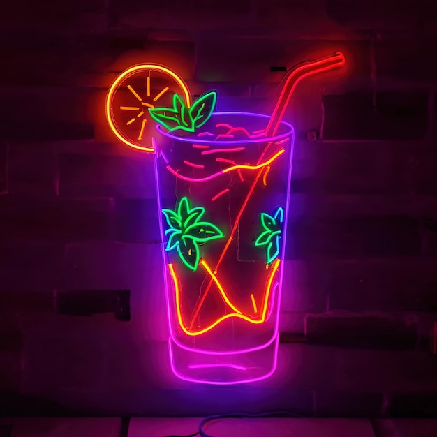 Se muestra un letrero de neón con una bebida de cóctel Mojito y una señal de luz eléctrica brillante.
