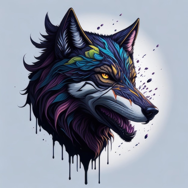 Se muestra un lobo colorido con una cabeza azul y morada.