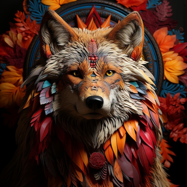 Se muestra un lobo con un patrón de colores en la cabeza.