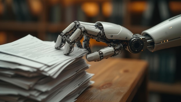 Foto se muestra una mano humana entregando una pila de papeles a una mano robótica que simboliza la transferencia