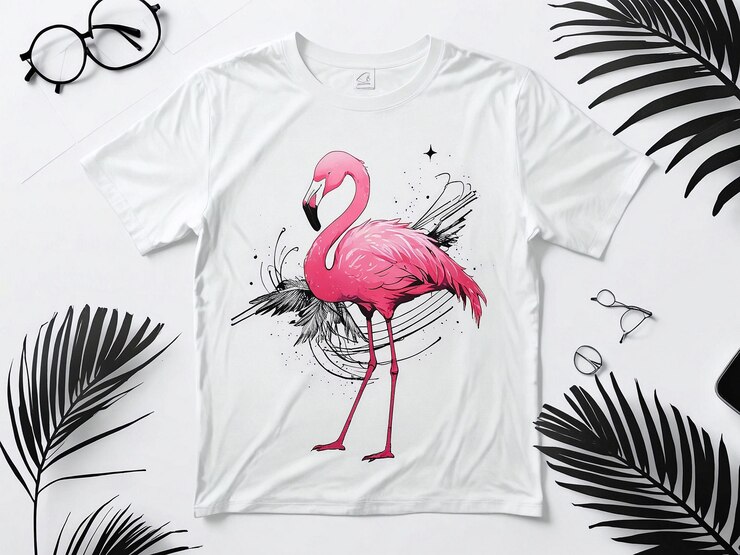 se muestra una maqueta de una camiseta blanca con un flamenco