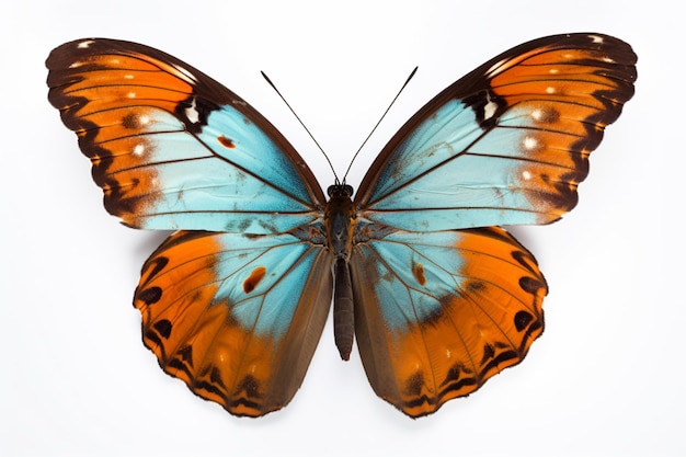 Se muestra una mariposa con alas azules y naranjas sobre un fondo blanco.