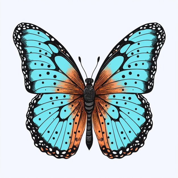 Se muestra una mariposa azul con alas naranjas sobre un fondo blanco.