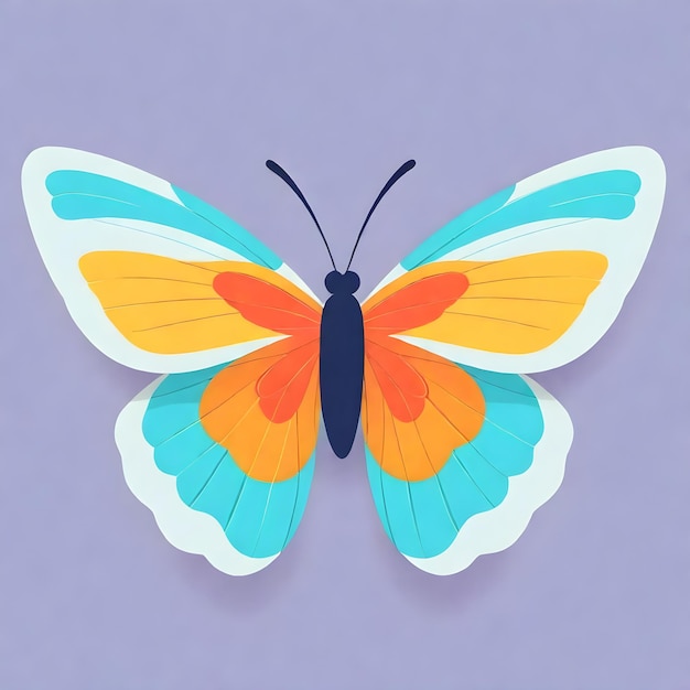 Foto se muestra una mariposa colorida con alas azules y naranjas
