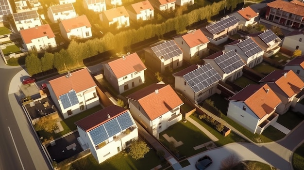 Se muestra una matriz de paneles solares sobre un área residencial.