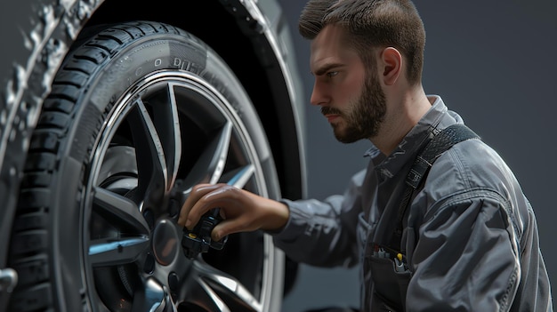 Se muestra a un mecánico de unos 30 años arrodillado mientras inspecciona un neumático. Lleva un uniforme gris y tiene una expresión seria en la cara.