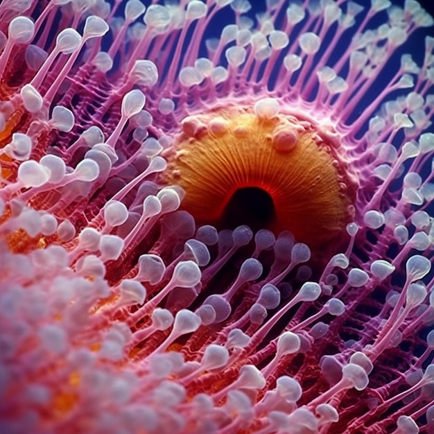 Se muestra una medusa rosa y púrpura con una cara naranja.