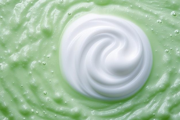 Muestra de mousse de limpieza facial Burbujas de espuma sobre fondo verde Primer plano de textura limpiadora blanca r