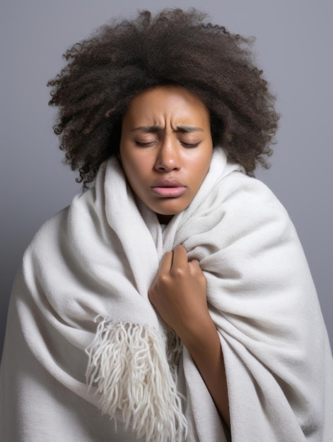 Foto se muestra a una mujer africana sufriendo de resfriado y secreción nasal sobre fondo gris