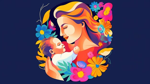 Se muestra una mujer con un bebé y un arreglo floral.