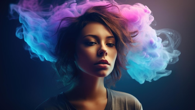 Se muestra una mujer con cabello rosa y azul con una nube azul y rosa detrás de ella.