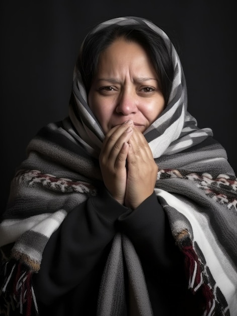 Se muestra a una mujer mexicana sufriendo de resfriado con secreción nasal en un fondo gris