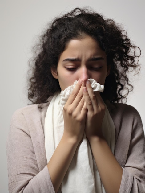 Se muestra a una mujer mexicana sufriendo de resfriado con secreción nasal en un fondo gris