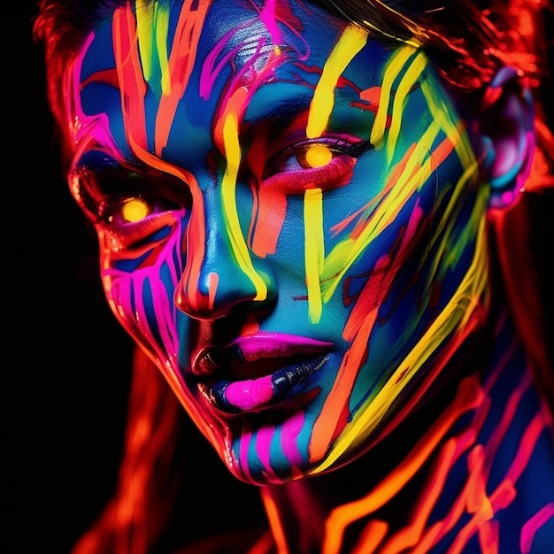 Se muestra una mujer con pintura colorida en el rostro con los colores de la pintura.
