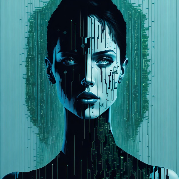 Se muestra una mujer con un rostro blanco y negro con las palabras cyberpunk en la parte inferior.